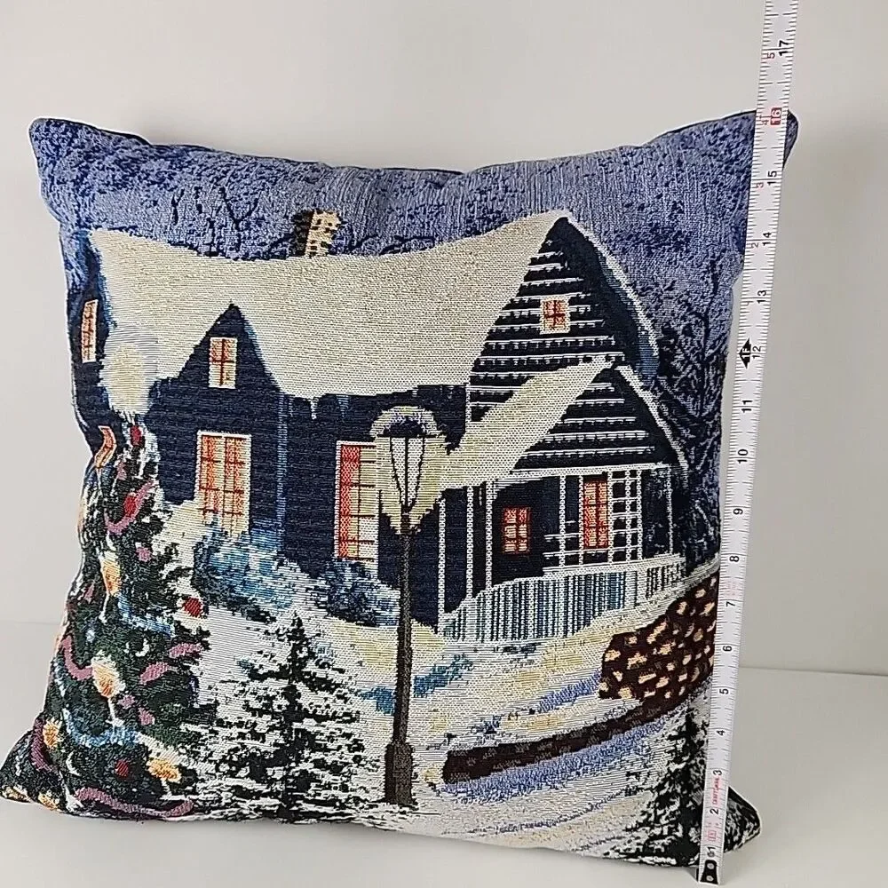 Snowy Cottage Tapestry Throw Pillow Christmas Holiday Cottagecore Decor